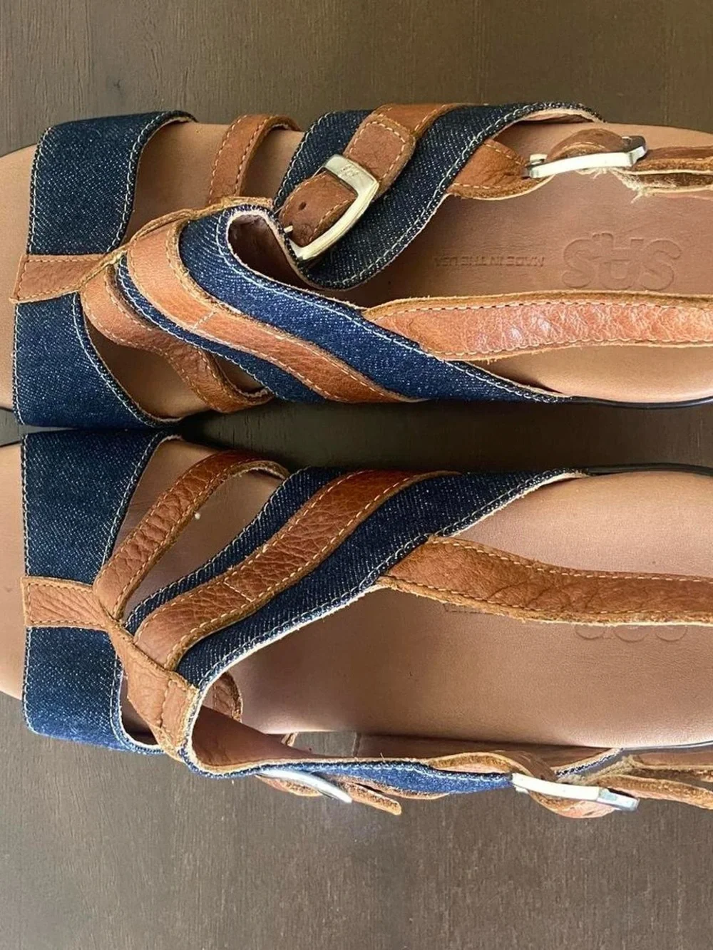SAS Layla T-Strap Wedge Leather and Denim Slingback Sandals